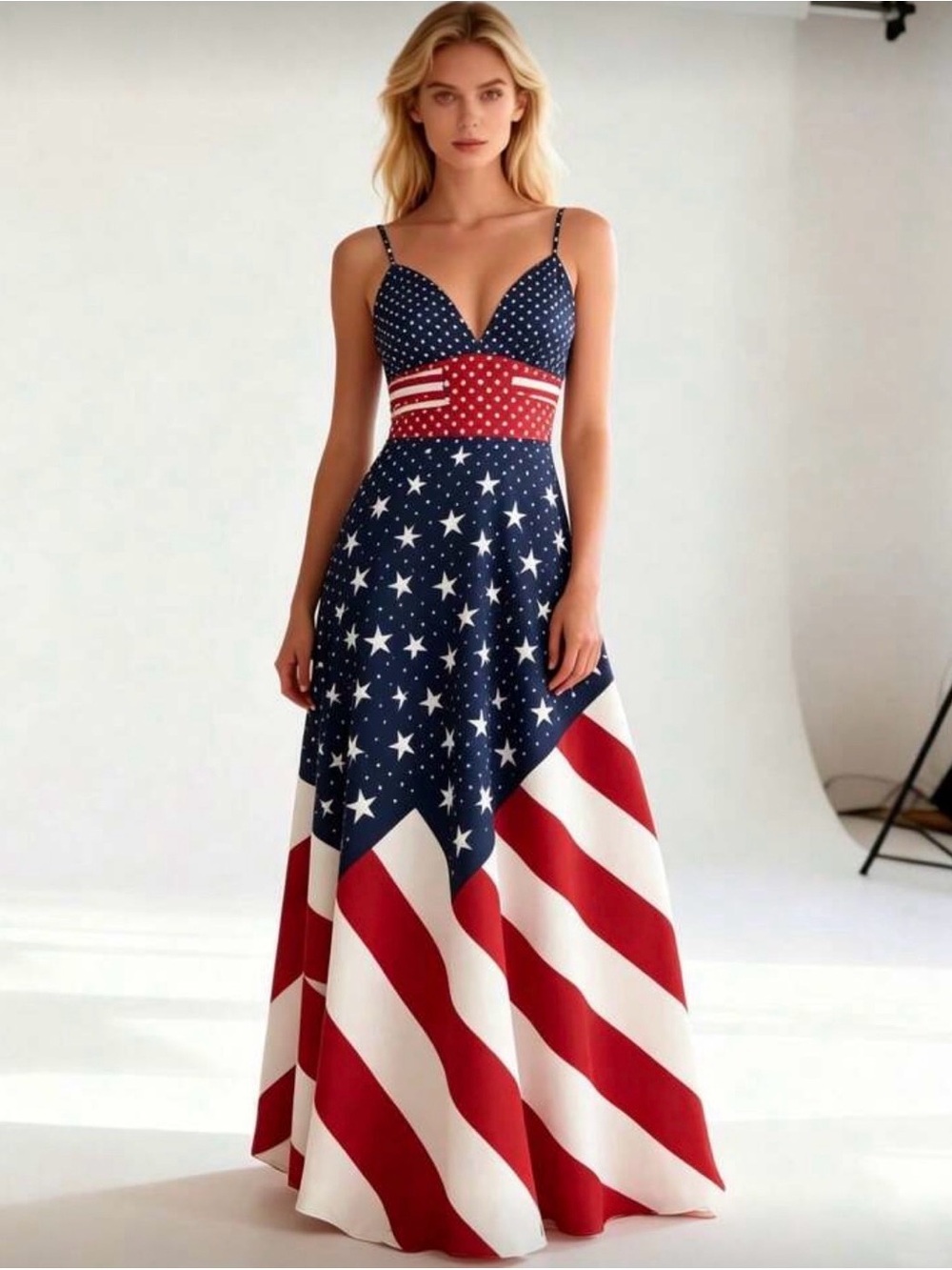 Patriotic Navy and Red Maxi Dress with Star & Stripe Print